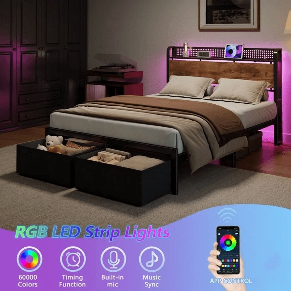 Satifur Full Size Bed Frame with Storage Drawers and Charging photo 2