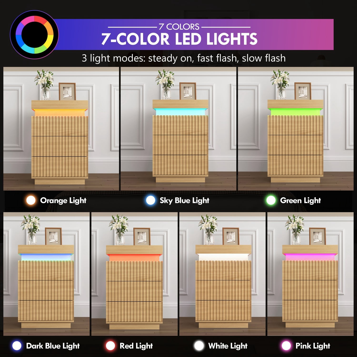 Set of 2 Natural Nightstands with Charging Station & LED Lights, Fluted Wave Panel Bedside Tables with Hidden Sliding Top Storage, 3 Drawer Night Stands for Bedroom & Living Room