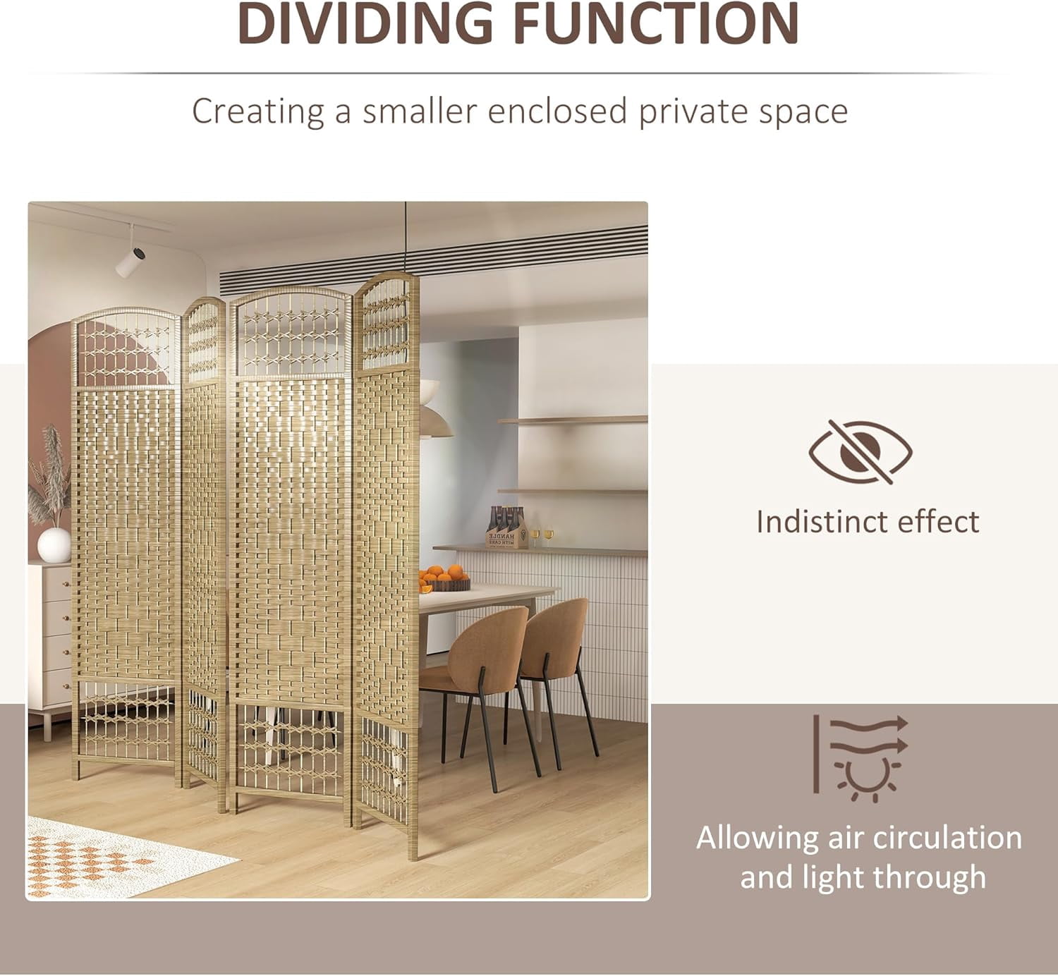 NIUMU 4 Panel Room Divider, Folding Privacy Screen, 5.6' Room Separator, Wave Fiber Freestanding Partition Wall Divider, Natural