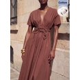 thumbnail image 4 of Brown V-Neck Wrap Midi Dress With Tie Waist And Short Sleeves, 4 of 8