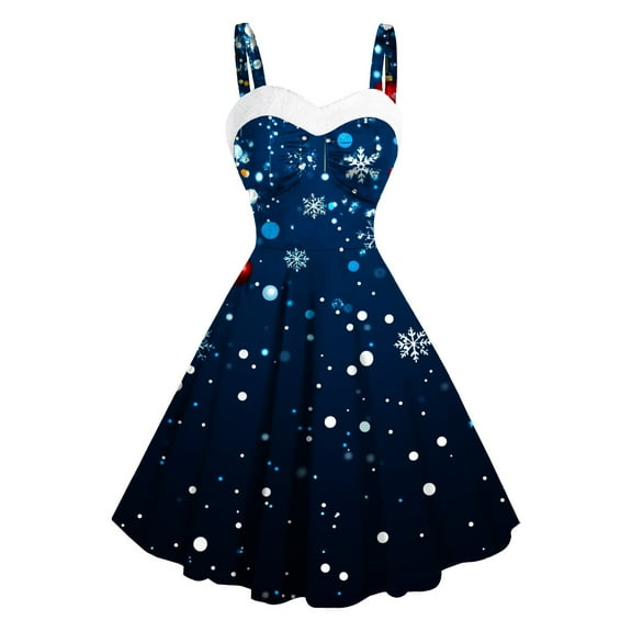 Christmas Dress Women - Women Vintage Dresses, Womens Vintage Christmas Dress Xmas Snowflake Print Dresses Sleeveless Tunic Pleated Dress