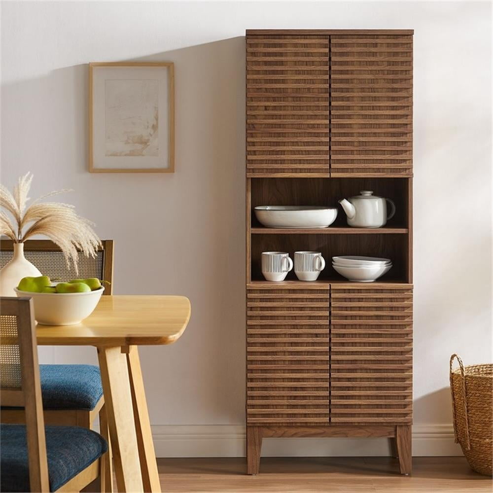 Pemberley Row Particleboard Walnut Tall Bathroom Storage Cabinet Rectangular Adjustable Shelves Unassembled