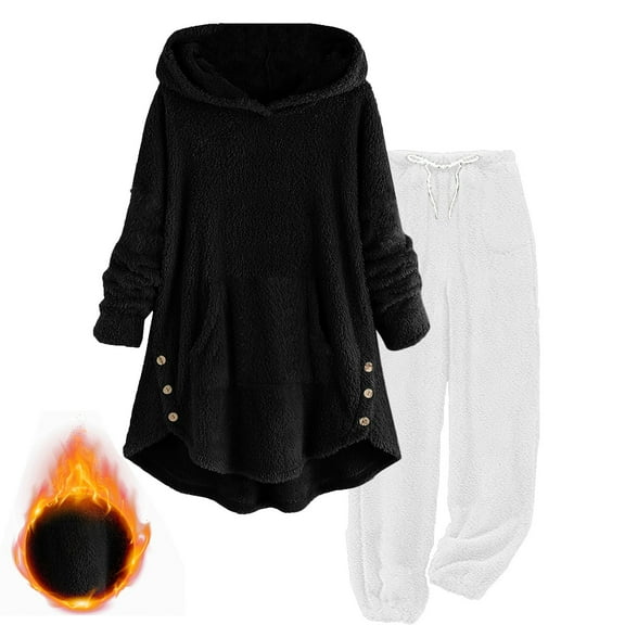 Agkizg Women's 2 Piece Fleece Lined Warm Set,Women's Plus Size Winter Matching Sets,2PC Solid Color Double-Sided Fleece Outfit Hooded Long Sleeve Top and Loose Fitting Pants Warm Casual Set Pants