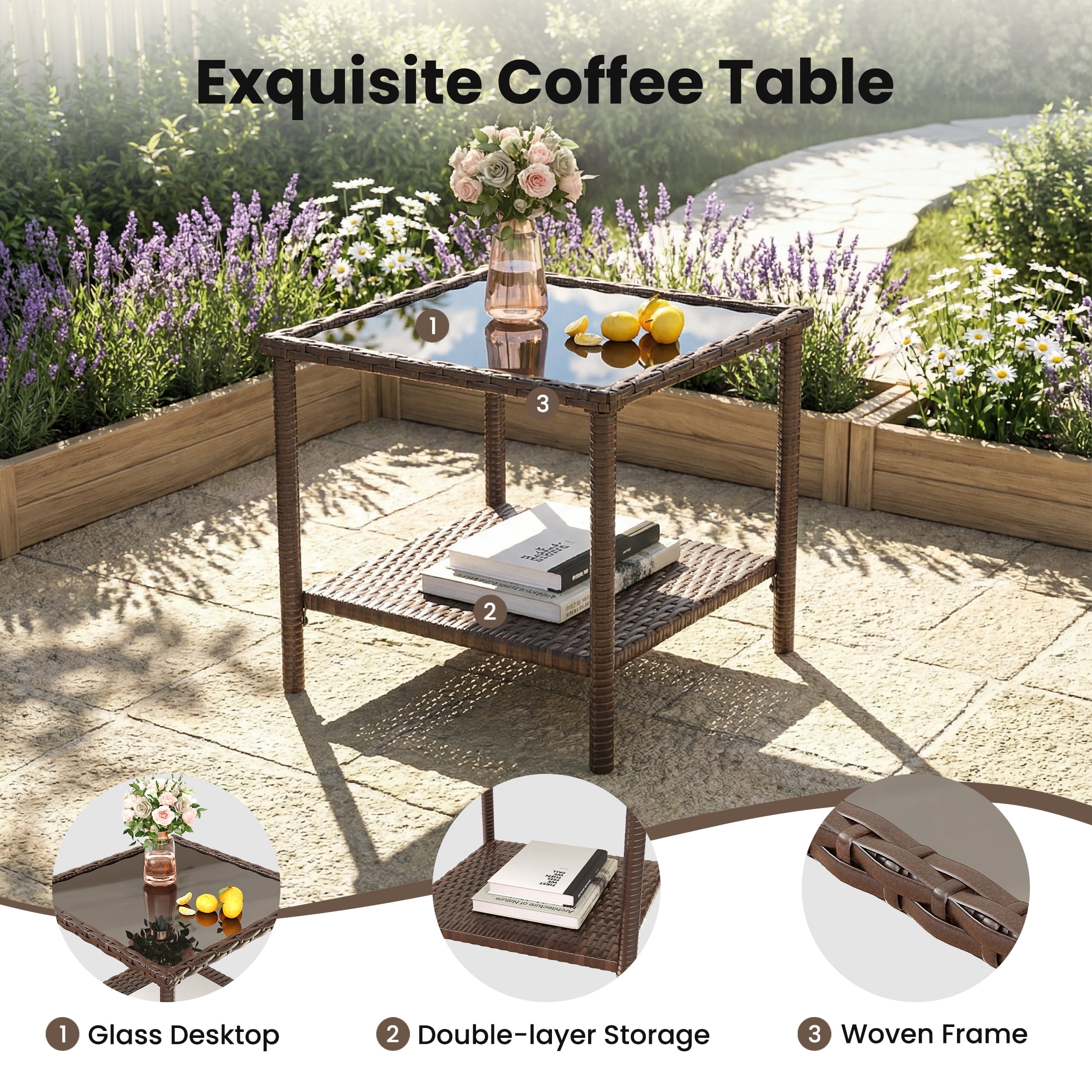 UDPATIO Balcony Furniture 5 Piece Patio Furniture Set, Outdoor Brown Wicker Chairs with Ottoman, Navy