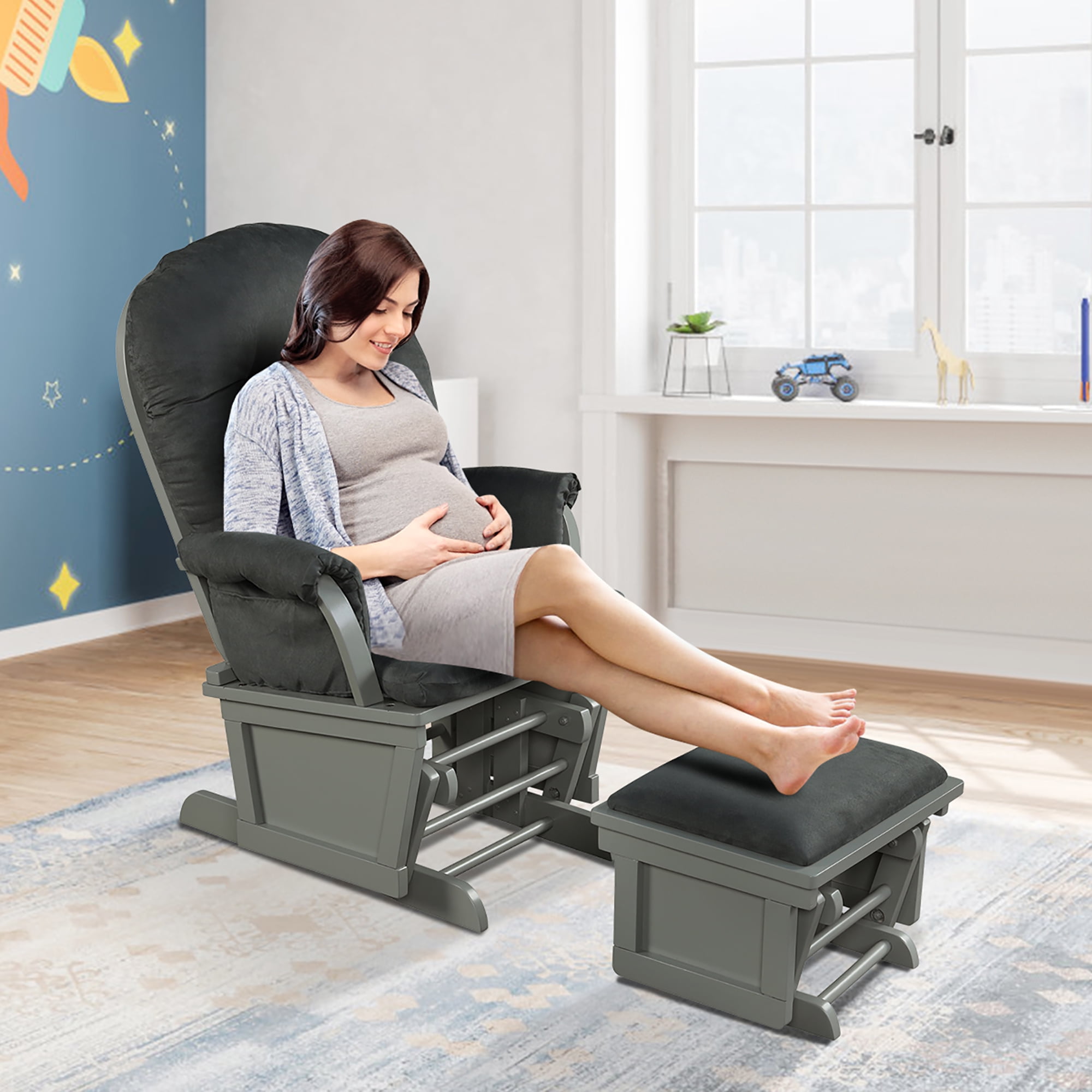 Costway Baby Nursery Relax  Rocker Rocking Chair Glider & Ottoman Set w/Cushion Dark Grey