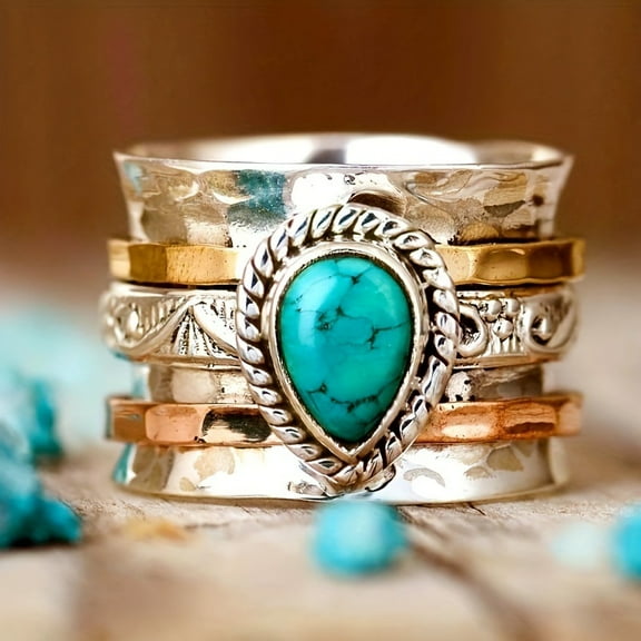 Vintage Sterling Silver Turquoise Ring for Women, Bohemian Style Handmade Dainty Ethnic Healing Stone Ring, Tribal Totem Cut Natural Turquoise Bridal Statement Ring Gift