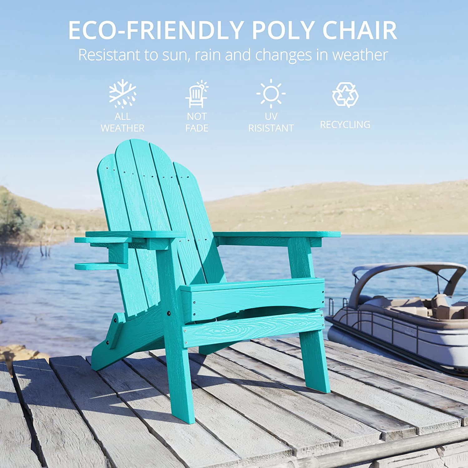 Dycanpo Folding Adirondack Chair Set of 2,Fire Pit Patio Garden Chair with Cup Holder, Aruba Blue
