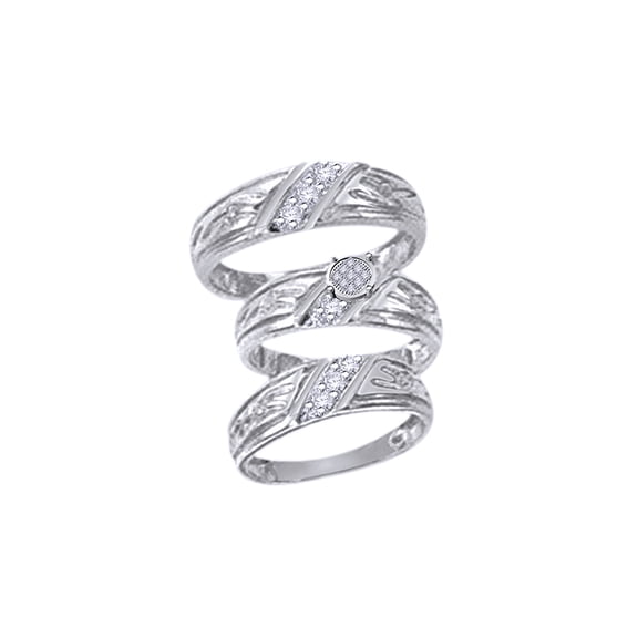 AFFY White Natural Diamond Engagement & Wedding Trio Band Ring Set In 10k White Gold (0.15 Cttw)