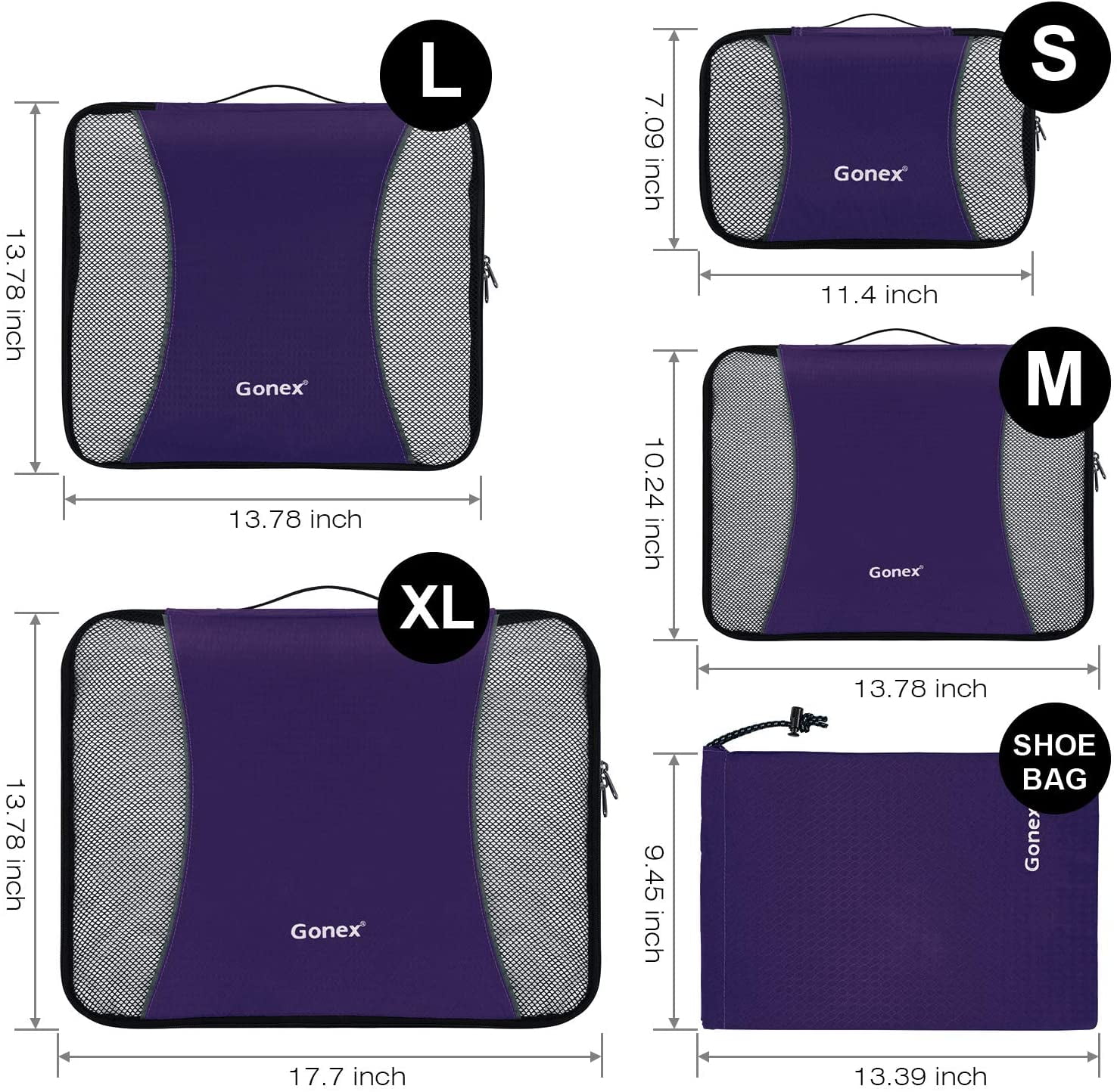 Gonex Travel Packing Cubes 5 Set // 9 Set XL//L//M//S//Shoe Bag Travel Luggage Organizers