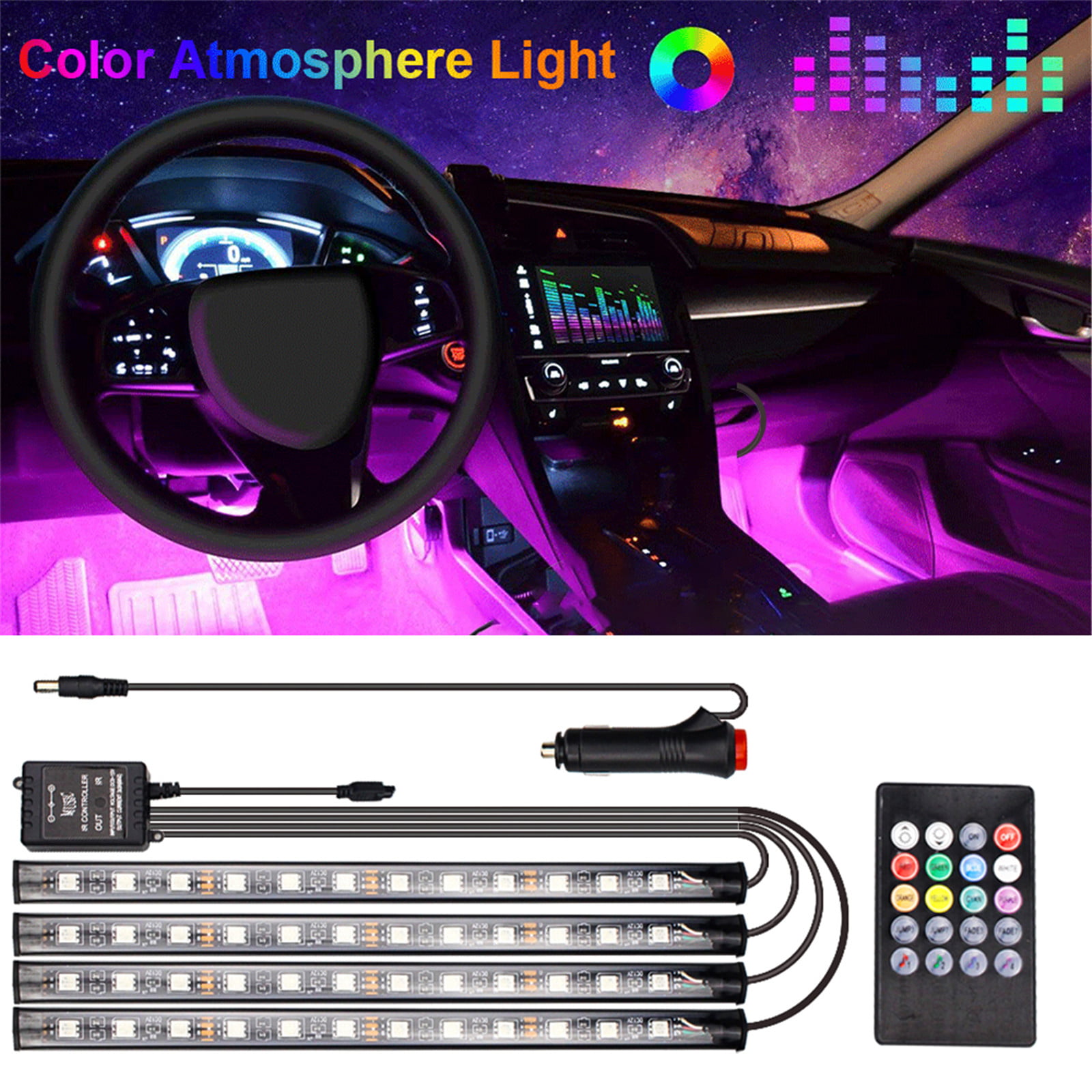 RGB 48LED Strips Car Interior Floor Atmosphere Light Bluetooth Phone App Control 