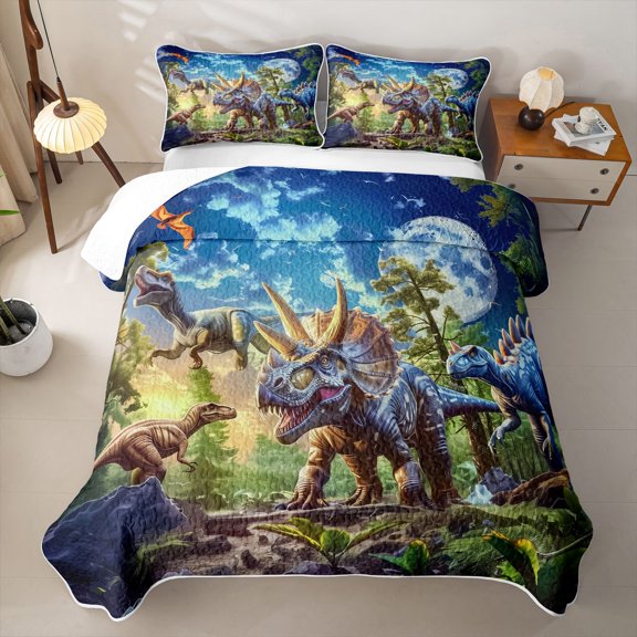 Homewish Triceratops Dinosaur Twin Quilt Set for Kids Boys, Ankylosaur T-Rex Twin Coverlet Set, 2-Piece, 1 Comforter and 1 Pillowcase