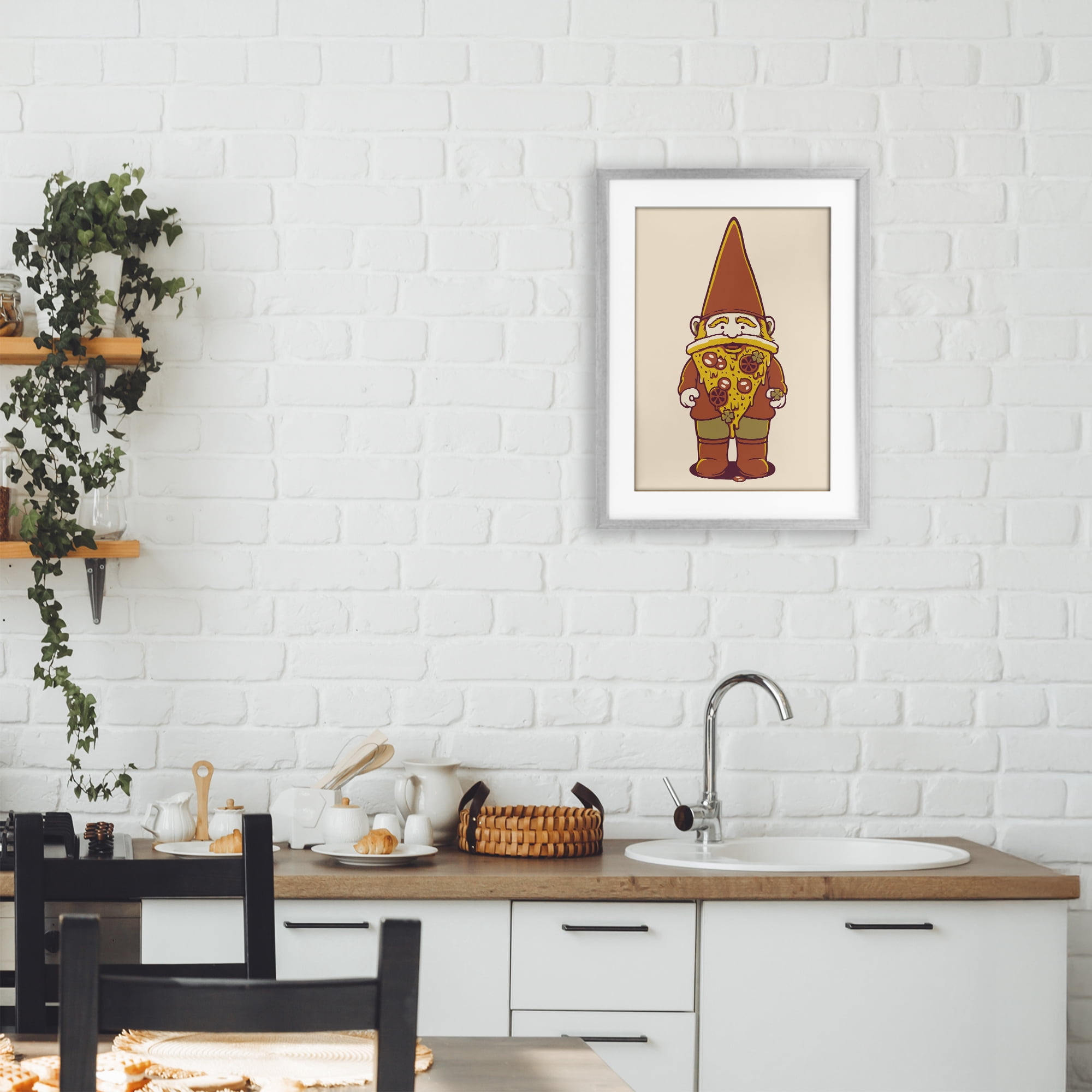Stupell Industries Happy Pizza Gnome Gray Framed Print Under Glass, design by Tobe Fonseca