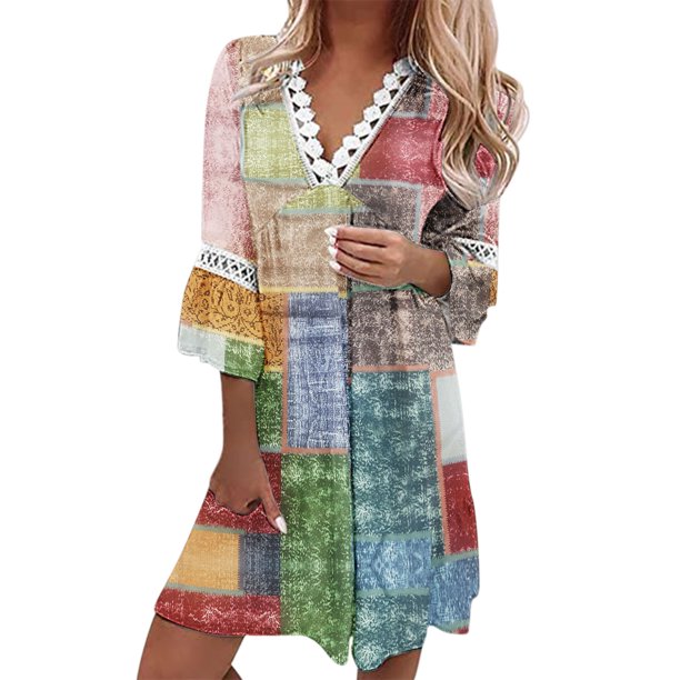 Gibobby Vestido de gasa de verano para mujer Vestidos de verano para mujer, vestido de estilo étnico 2022, vestido de encaje con cuello de , vestido de manga cu(Verde,CH)