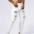 thumbnail image 3 of Yaoyar Men's Washed Distressed Patch Denim Jeans Solid Color with Pockets Stretch Slim Fit Tapered Ankle Casual Wear Denim Pants,36,White, 3 of 8