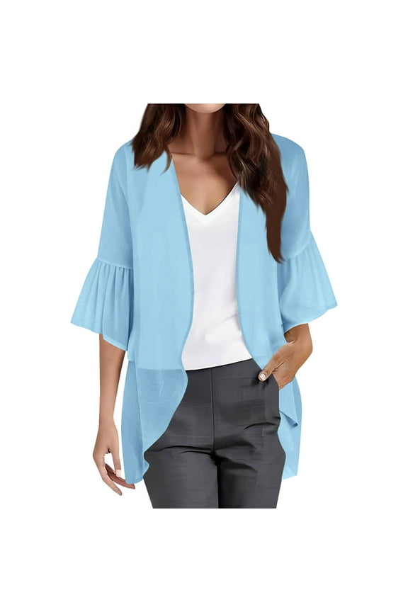 Cardigan for Women Casual 3/4 Ruffle Sleeve Solid Color V Neck Front Open Blouse Tops Loose Fit Plus Size Chiffon Cardigan Jacket