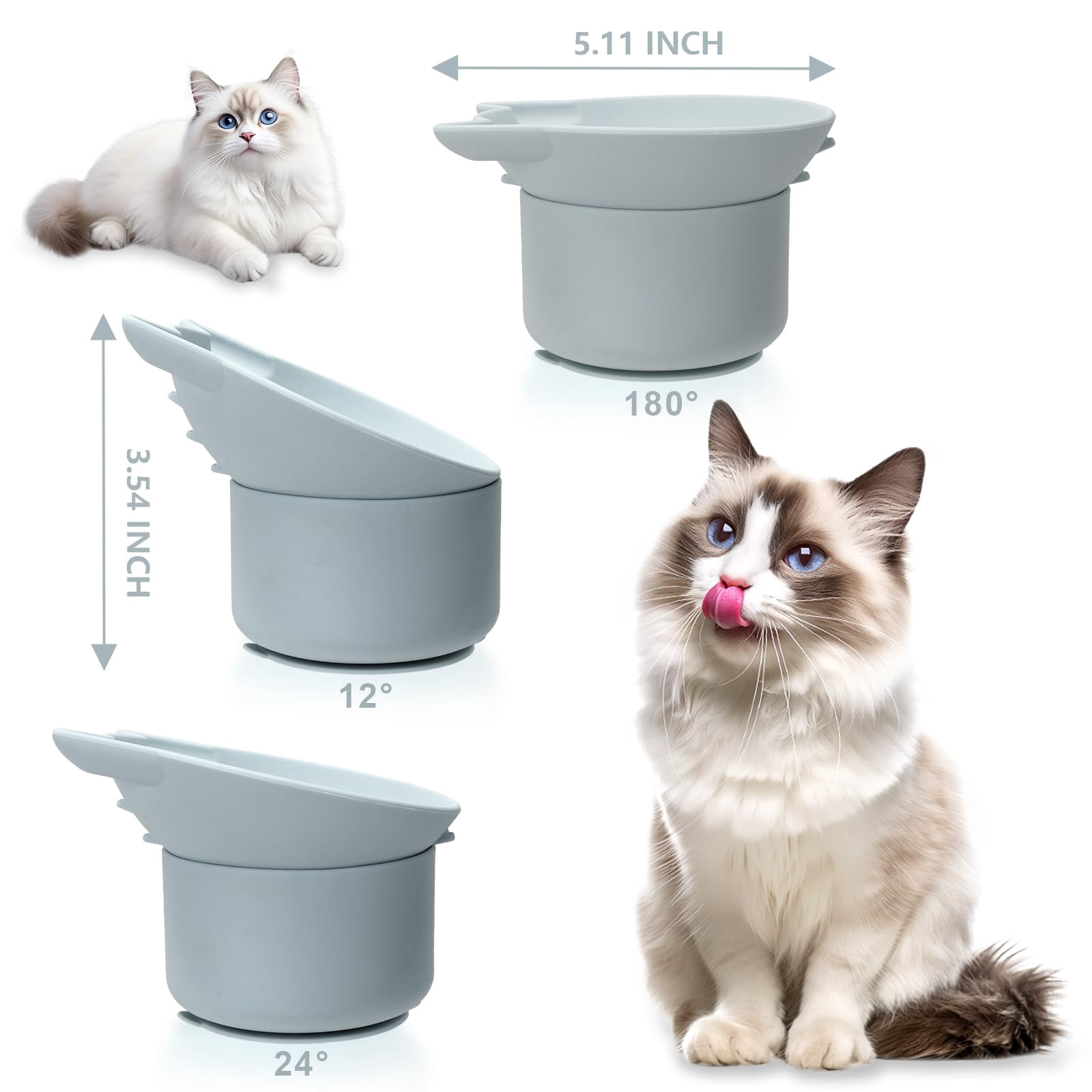 Silicone Cat Slow Feeder, Elevated Slow Feeder Bowl Tilt Design, Suitable for Dry and Wet Food, Adjustable Angle, Cat Food Puzzle with Suction Cup(Gray)