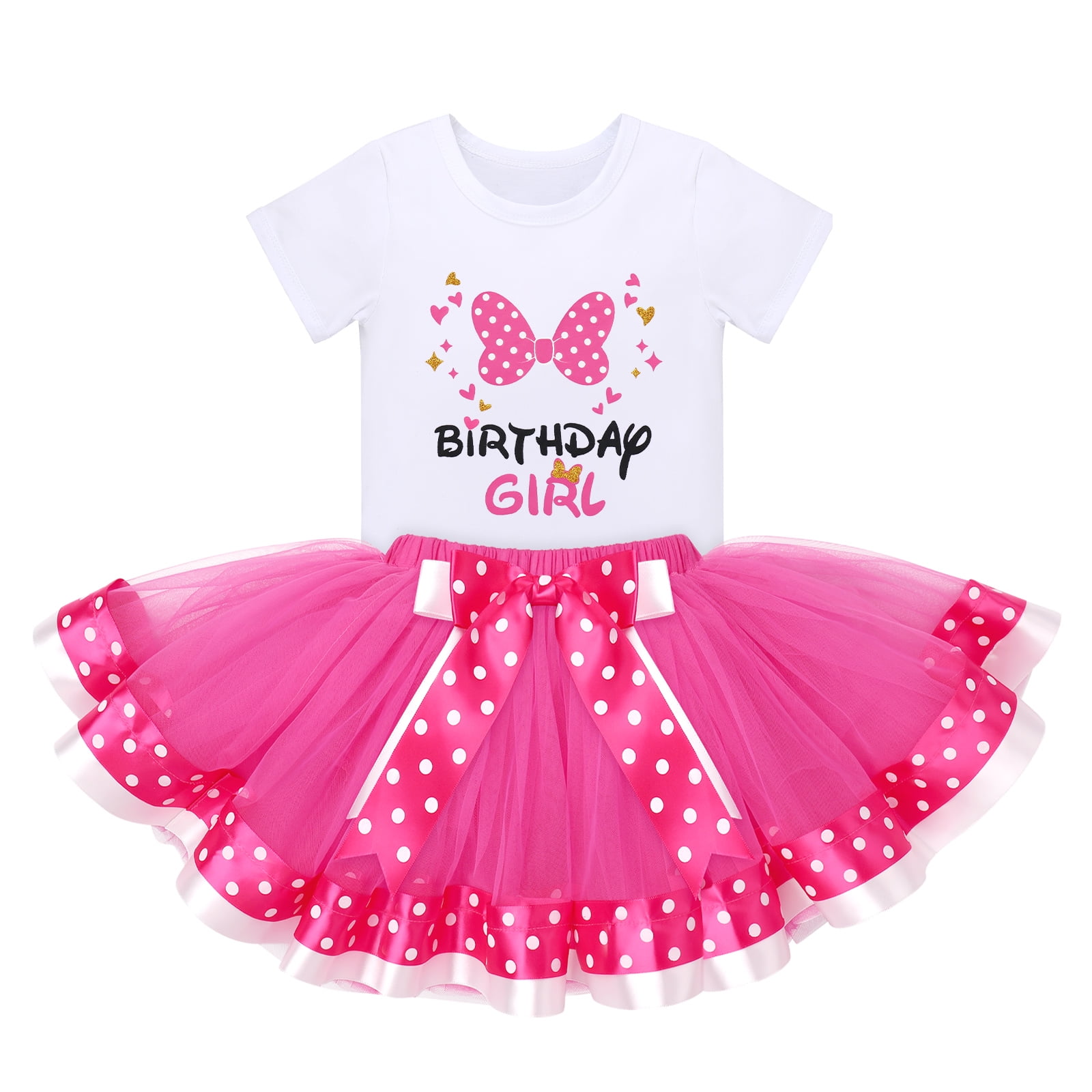 IBTOM CASTLE Toddler Girls Birthday Outfit Polka Dots Tops Tutu Skirt Mouse Ears Headband for Cake Smash Photo Shoot 3 Years Hot Pink - Bowknot