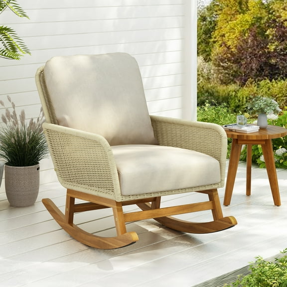 Modern Rocking Chair With Wooden Base And Soft Cushion For Indoor & Outdoor Wood Cushions Patio, Balcony Home