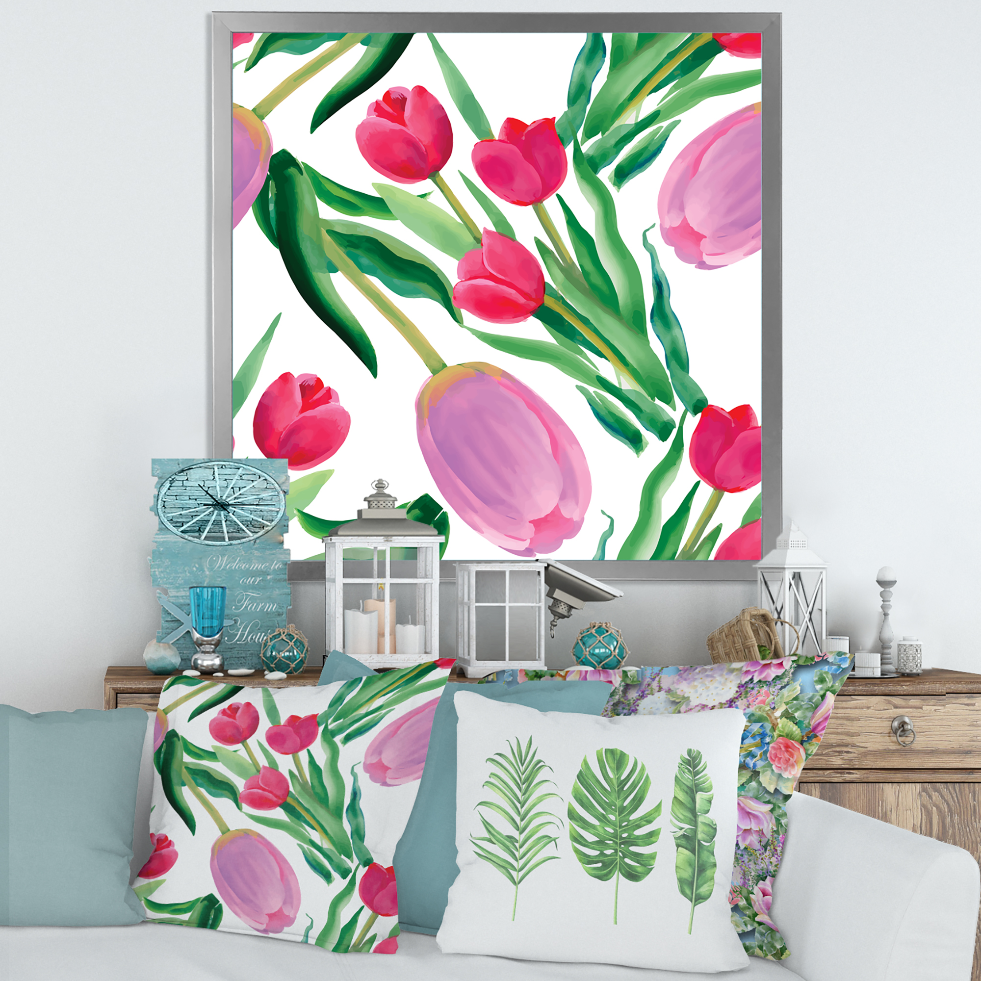 Designart 'Blooming Beautiful Pink Tulips Flowers On White' Traditional Framed Art Print