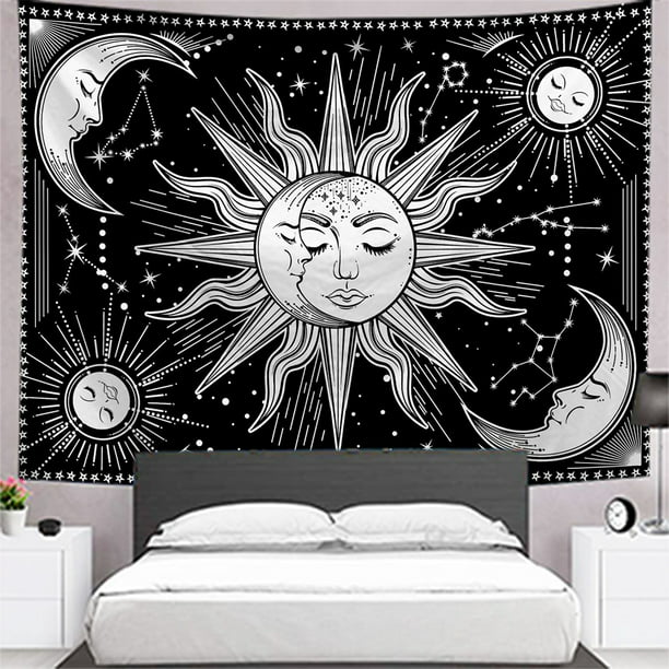 Htocinq Sun And Moon Tapestry Burning With Star Psychedelic Black White Mystic Wall Hanging Com - Black White Pink Wall Tapestry