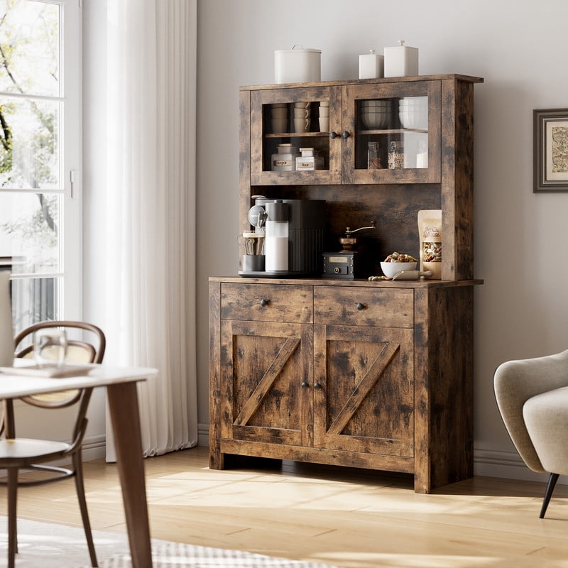 Garvee Kitchen Pantry Cabinet with Microwave Stand, Freestanding Hutch with Buffet Storage, Tall Adjustable Shelves, Brown