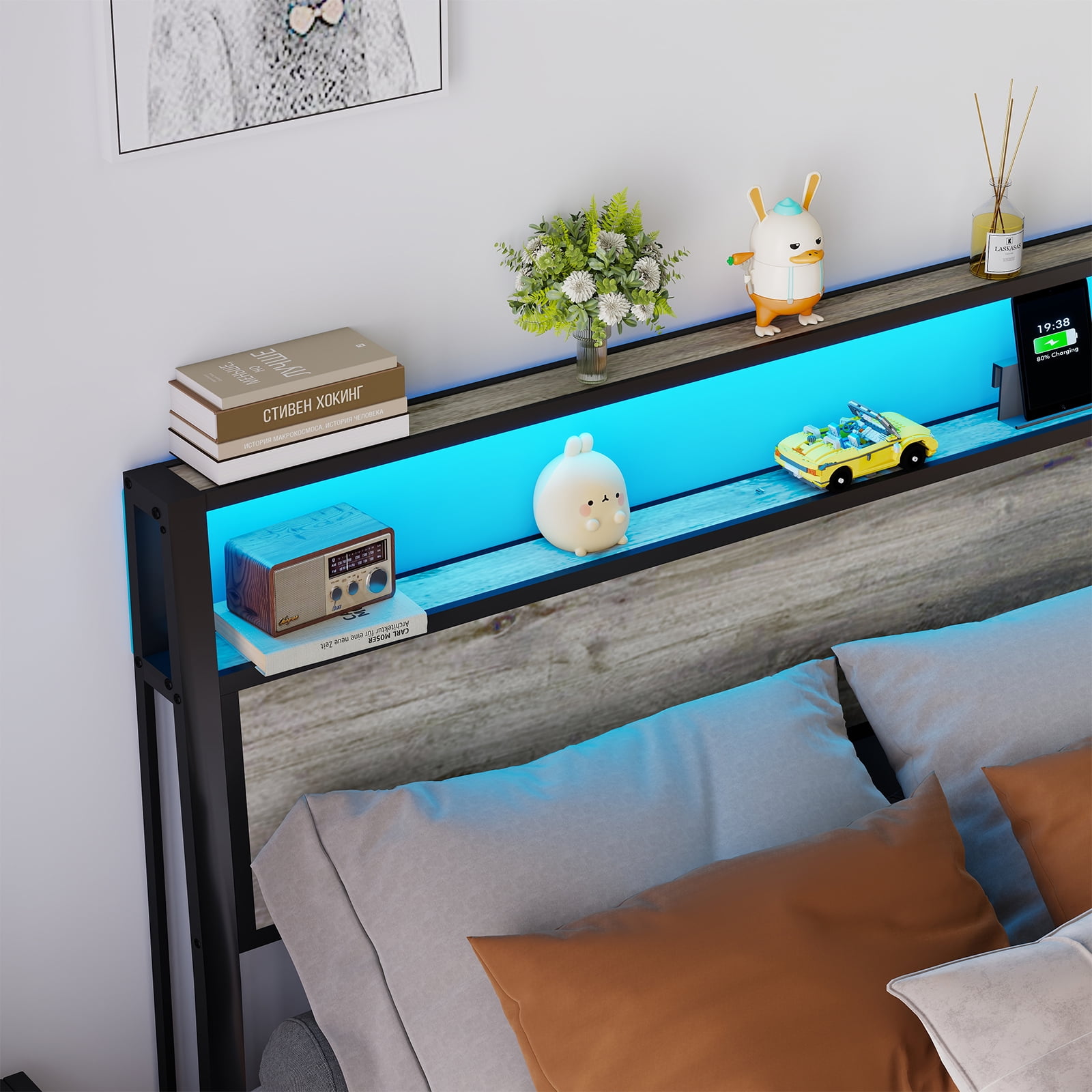 Leumius Full Size Bed Frame with Headboard, Platform Bed with RGB LED Light & Charging Station & Under Bed Storage Space, Easy Assembly, Gray