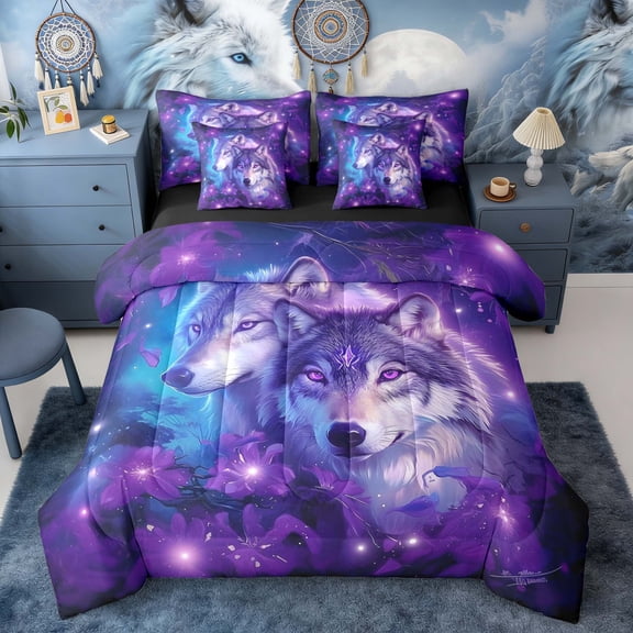 Erosebridal Purple Magical Wolf Pair Floral Print Twin Bedding Sets, Fantasy Wildlife Bedding Comforter Set for Men and Women, Black Reversible 7 Pieces