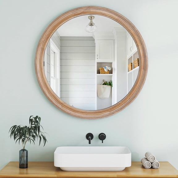 Barara King 27.5 Inch Round Wooden Farmhouse Wall Mount Mirror with Whitewash Edge, Bathroom Vanity Makeup Mirror for Bedroom, Entryway, Living Room, Home Office, Antique Natural