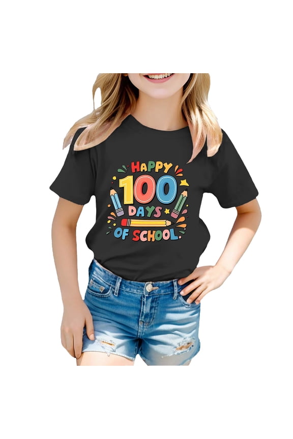 Girls Kids 100 Days Of School Print Crewneck Loose Short Sleeve Spring T-Shirts Soft Trendy,3-13Y