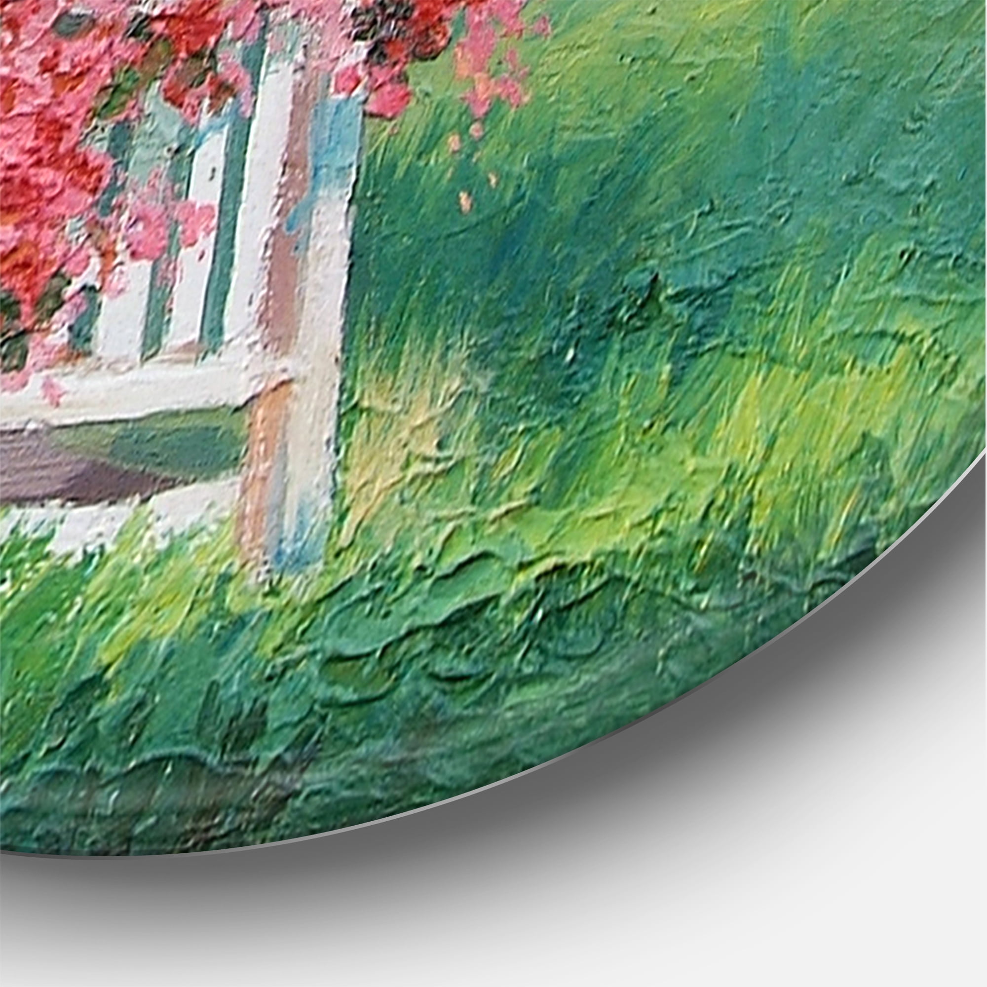 Designart 'Patio & Blossiming Red Flowers With Wooden House' Traditional Circle Metal Wall Art 11x11 - Disc of 11