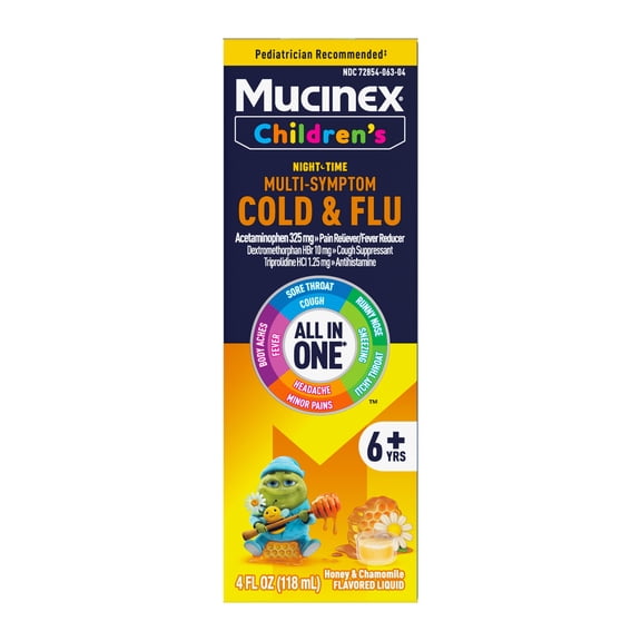 Mucinex,Children's Night Time, Multi-Symptom Cold and Flu Relief, Honey Flavor, 4fl oz, Plastic Bottle