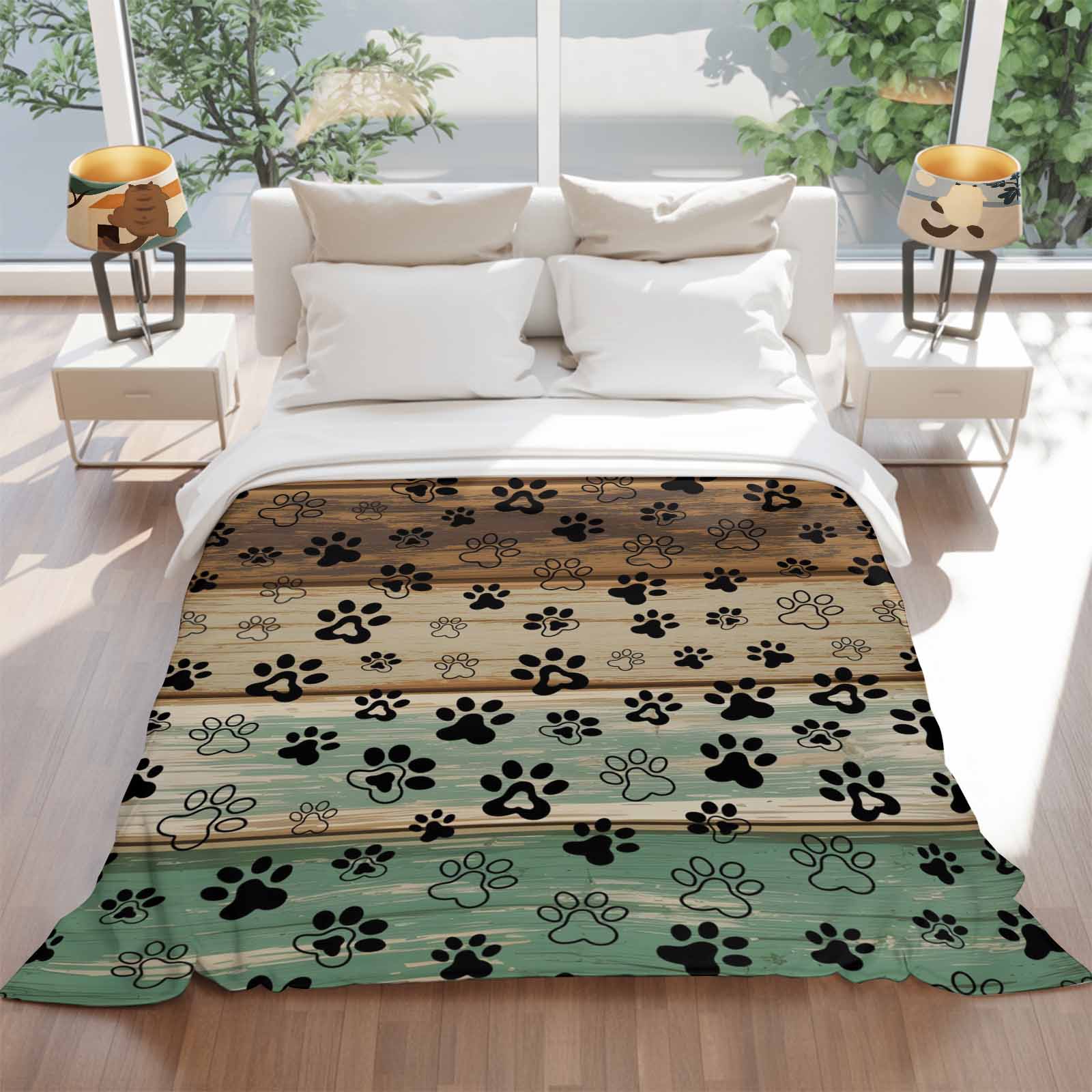 Dog Claw Paw Print Throw Blankets, Pet Green Brown Farmhouses Wood Soft Fleece Blanket Decorative for Home Sofa Couch Chair Living Bedroom, 30x40 Inches,