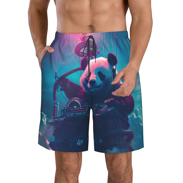 Fotbe DJ Panda Hot Air Balloon Trajes de Baño Estampados para Hombre, Shorts de Verano de Secado Rápido, Ropa de Playa, Bañadores-3X-Large