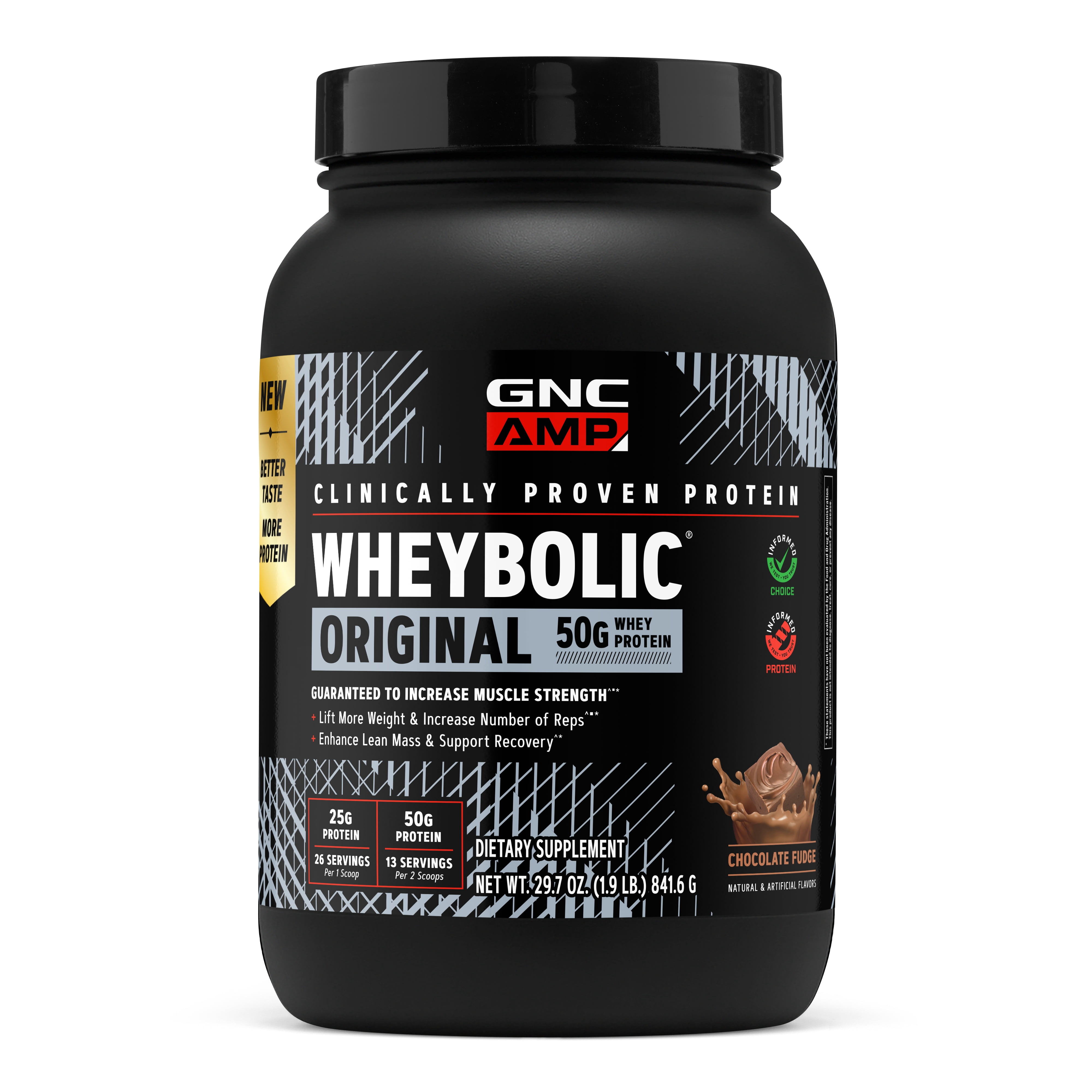 GNC AMP Wheybolic Clinically Proven Protein Powder, 50g Whey Protein, BCAA, Leucine, Increases Muscle Strength, Muscle Building, 3rd Party Tested, Gluten Free, Chocolate Fudge 13 Servings