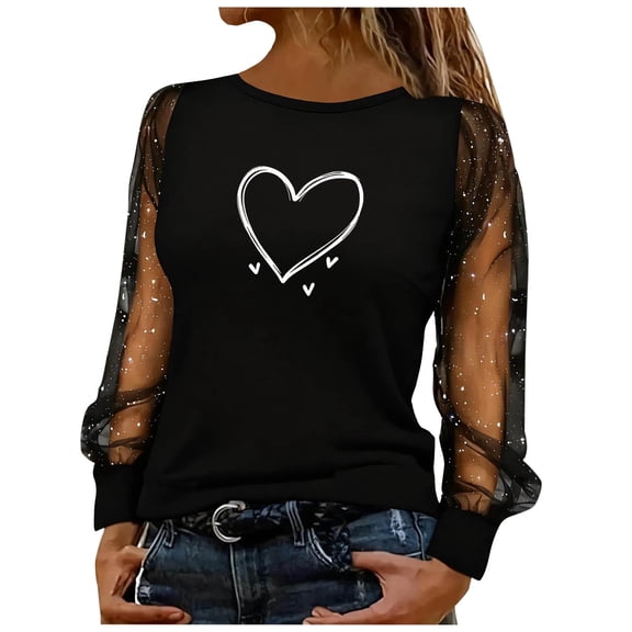 Valentines Shirts for Women Mesh Sequin Long Sleeve Love Heart Print Graphic T-Shirts Shiny Crewneck Pullover Tops (M, Black)