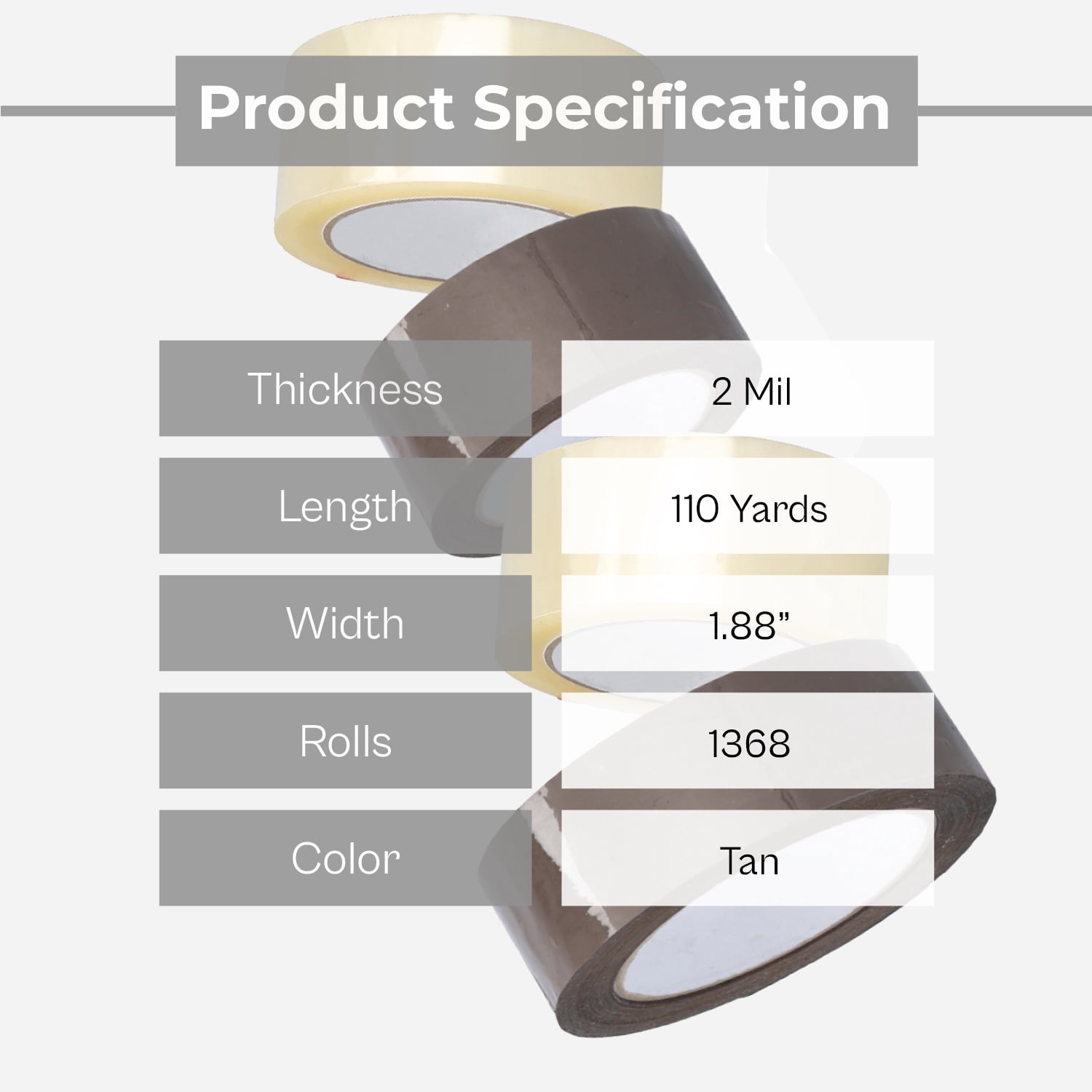 SSBM 1.88 Inch x 110 Yards (330 Feet) Tan Carton Sealing Tape, Shipping & Storage, 2 Mil Thick, Pack of 1368 Rolls