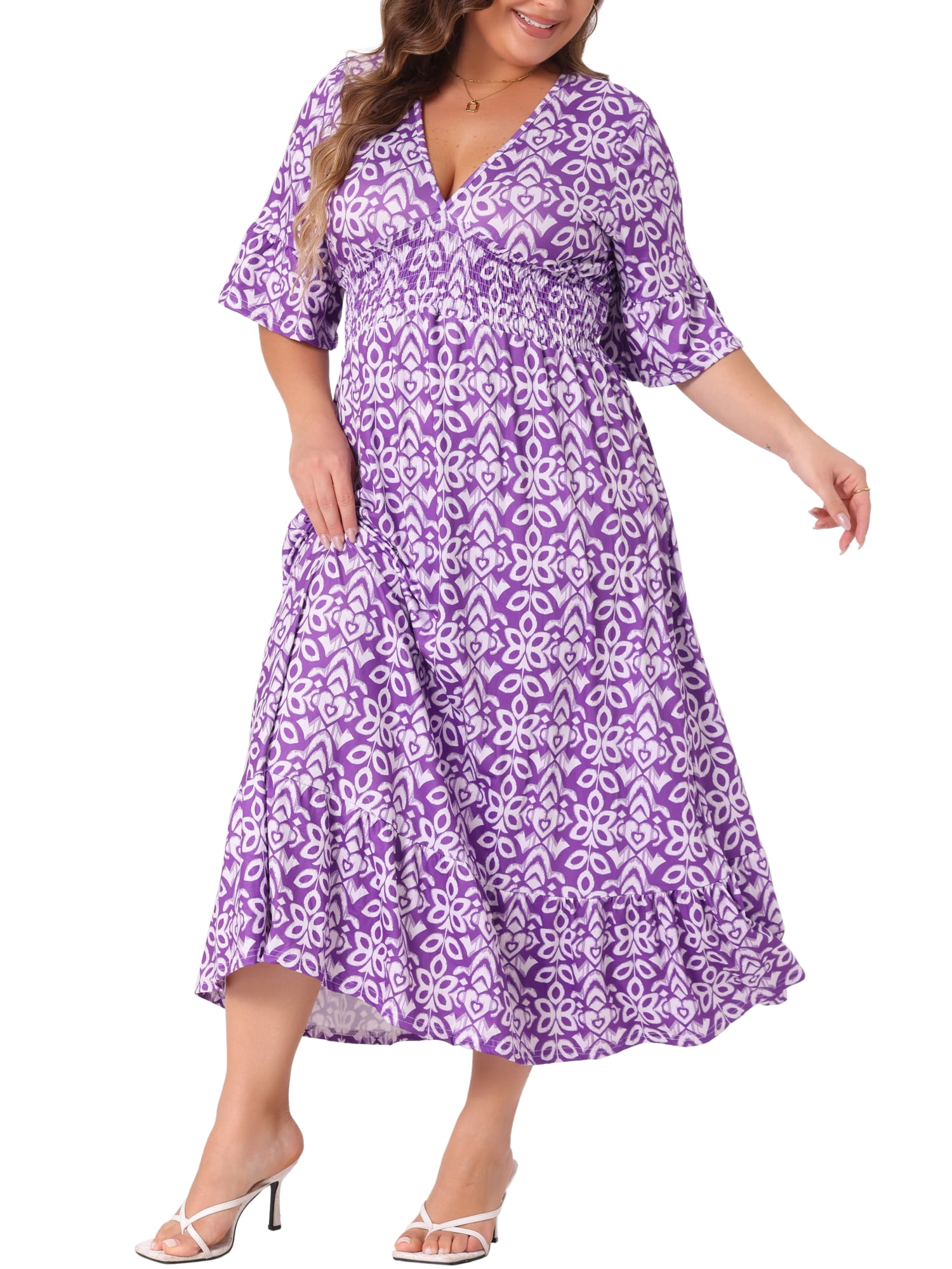 DARING DIVA Plus Size Bell Sleeve Ruffled Hem Boho A Line Long Dress 4X Purple