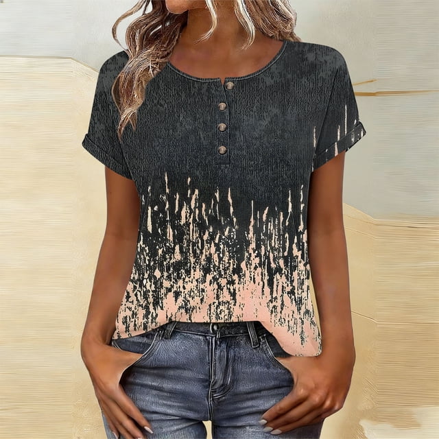 TaTaai Women's Button Front Printed Top Short Sleeve Round Neck Casual Blouse Fashion Unstructured Print Soft Comfortable T Shirt for Spring Summer Daily Gift