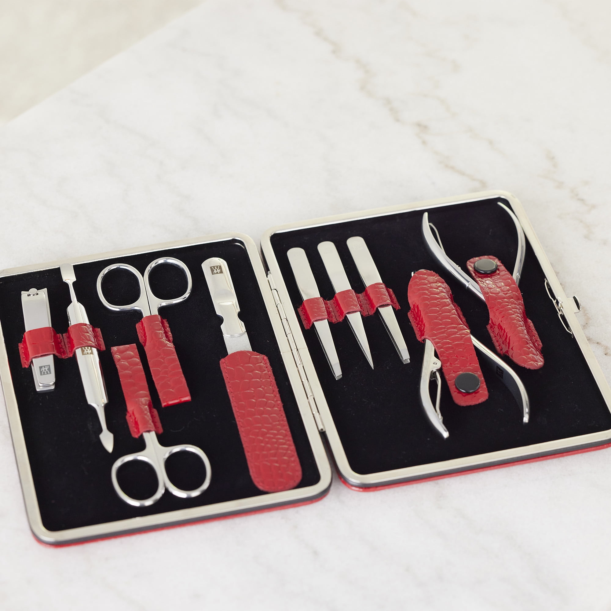 ZWILLING Manicure Set Pedicure Kit, Nail Care Complete Set, Cowhide, Croco Edition, 10-Piece, Red