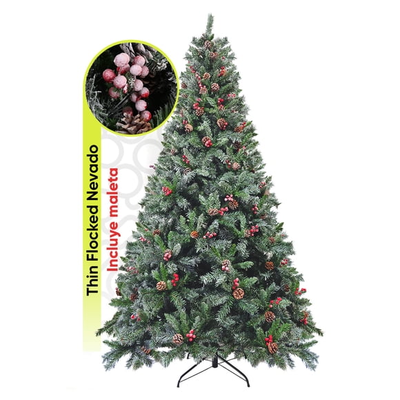 Árbol De Navidad Nevado Premium * Con Berries Y Piñas * Arizona Cypress De 2.2m De Alto Artego Thin Flocked Nevado Pino Artificial Frondoso + Maleta Transportadora Christmas Tree Decoración Navideña