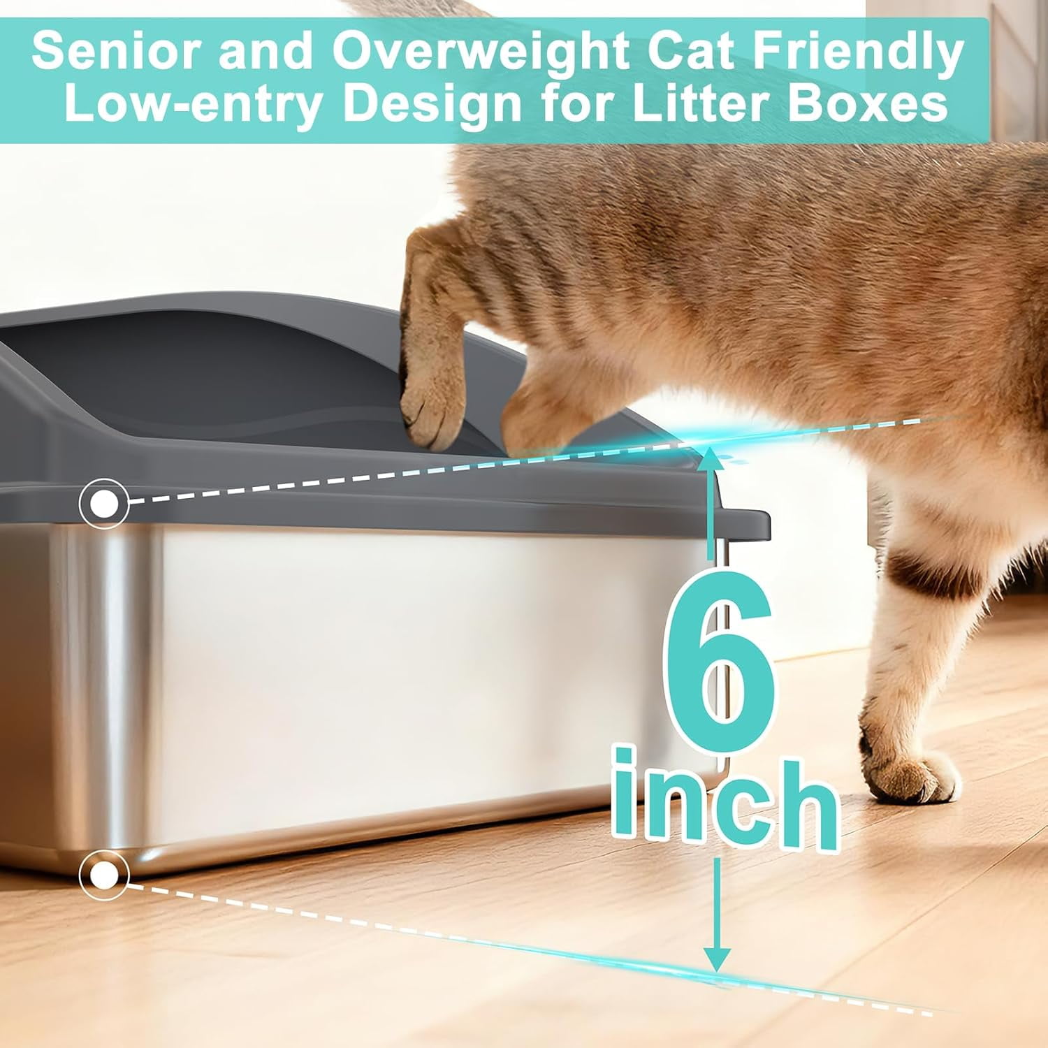 High Sided, Anti-Urine Leakage Stainless Steel Litter Box, XL Enclosed Cat Litter Boxes with Lid for Big Cats, Non-Stick Bottom, Includes Litter Mat & Metal Scoop