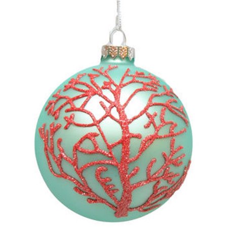 Blown Glass Hanging - December Diamonds Teal Painted Blown Glass Coral Hanging Ornament 4 Inch Diameter