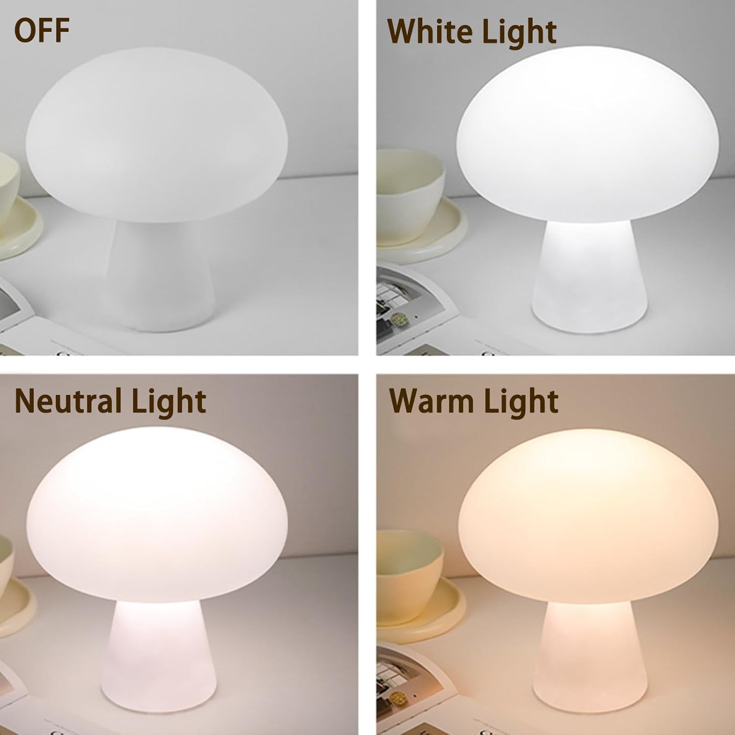 AVEKI Mushroom Lamp, Cordless Mushroom Table Lamp with Touch Sensor, 3 Color Stepless Dimmable Portable USB Charging Bedside Table Lamp for Bedroom Living Room Kids Room (White)