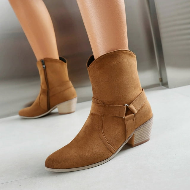zhenglin Bottes Western pour Femmes - Style Britannique à Talon Bas pour l'Automne et l'Hiver