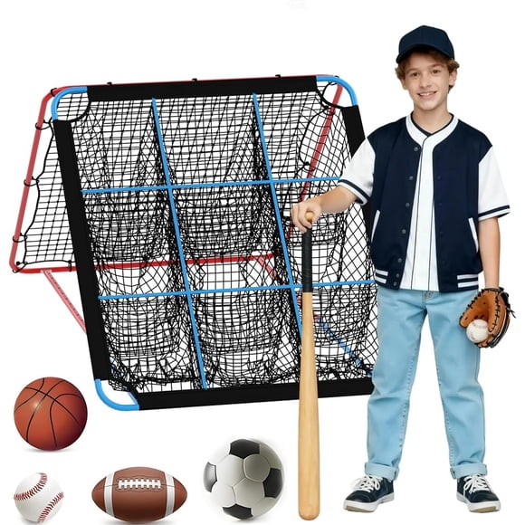 Ourlova Baseball Rebounder Net with 12 Adjustable Angles & 9 Pocket Nets – Multi-Sport Bounce Back Net for Soccer, Baseball & Basketball Practice, Portable Baseball Pitching Net