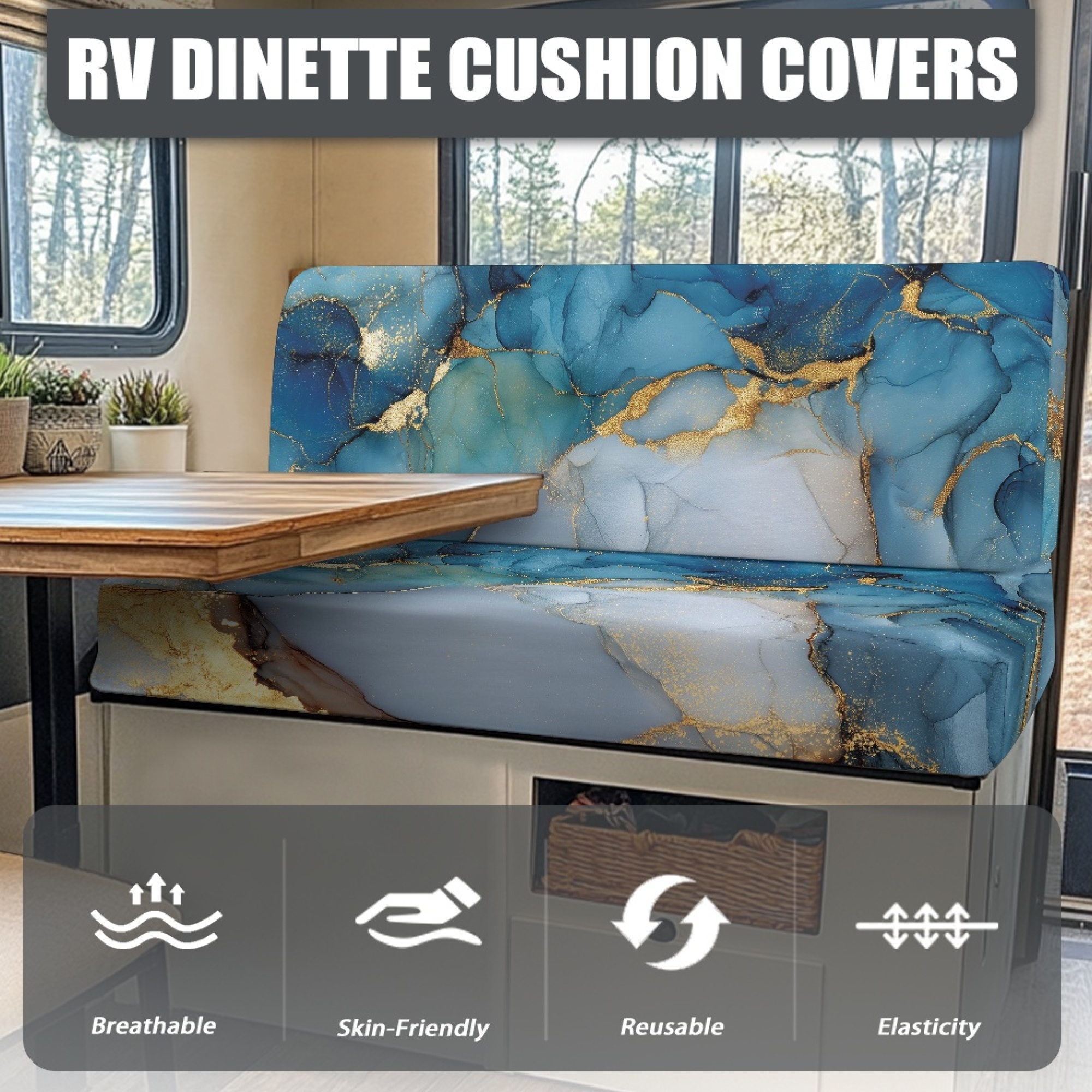 FOR U DESIGNS Blue Gold Marble Pattern 2 Pcs RV Dinette Cushion Covers Replacement RV Dinette Booth Seats Cover Elastic Sofa Chair Cover Furniture Protector for RV Camper Car Bench