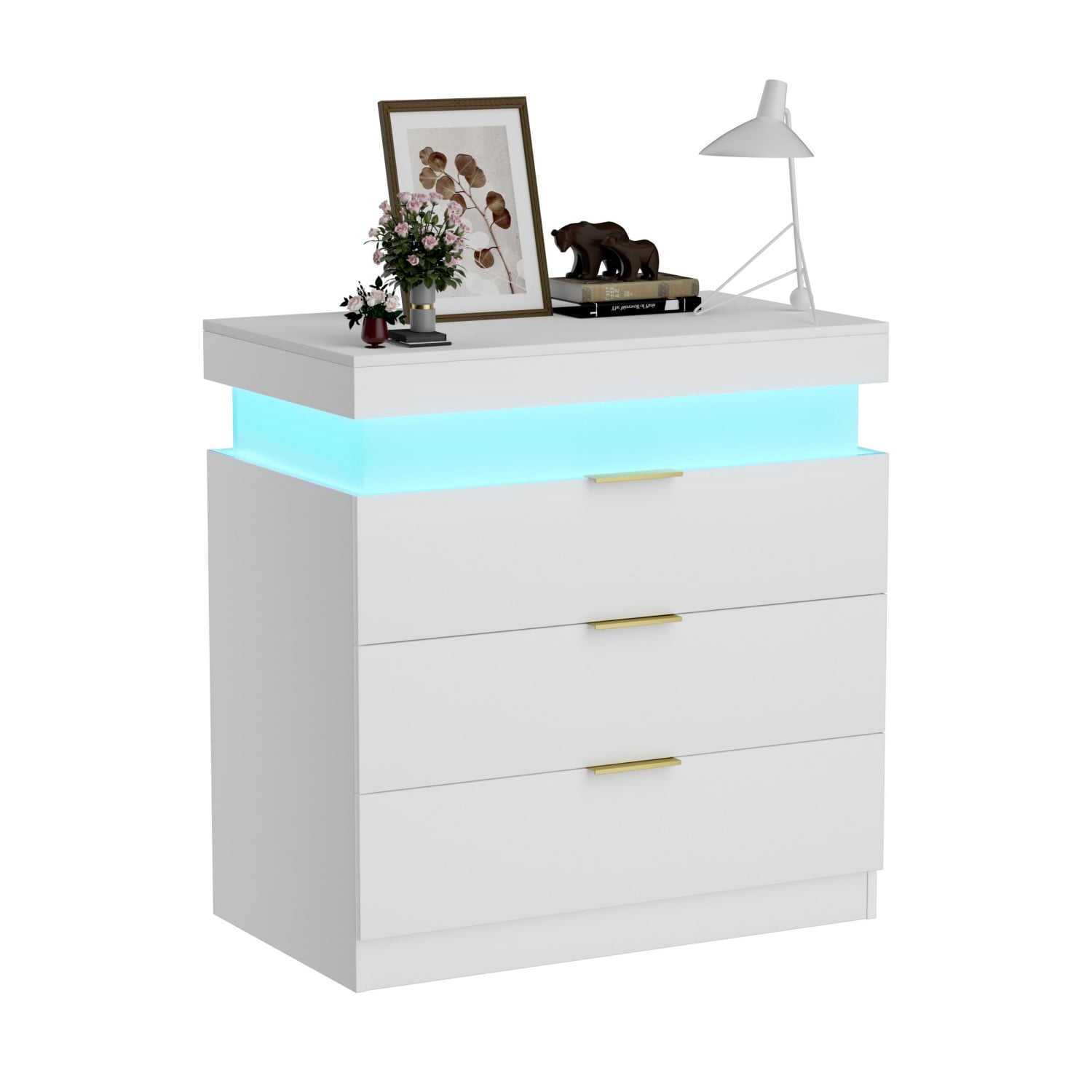 Nightstand with Charging Station and LED Lights, Modern Bedside Table with Sliding Top Drawer, 3 Storage Drawers End Table with USB Ports for Bedroom Living Room, White
