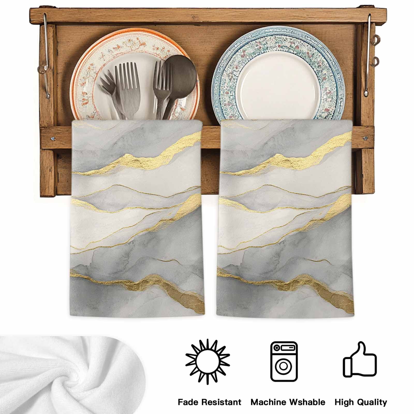 Marble Grey Kitchen Towels Set of 2, Modern Gold Luxury Neutral Texture Absorbent Dish Towels for Kitchen, Microfiber Hand Towel, Quick Drying Tea Towel for Cleaning Decorative Dishcloths