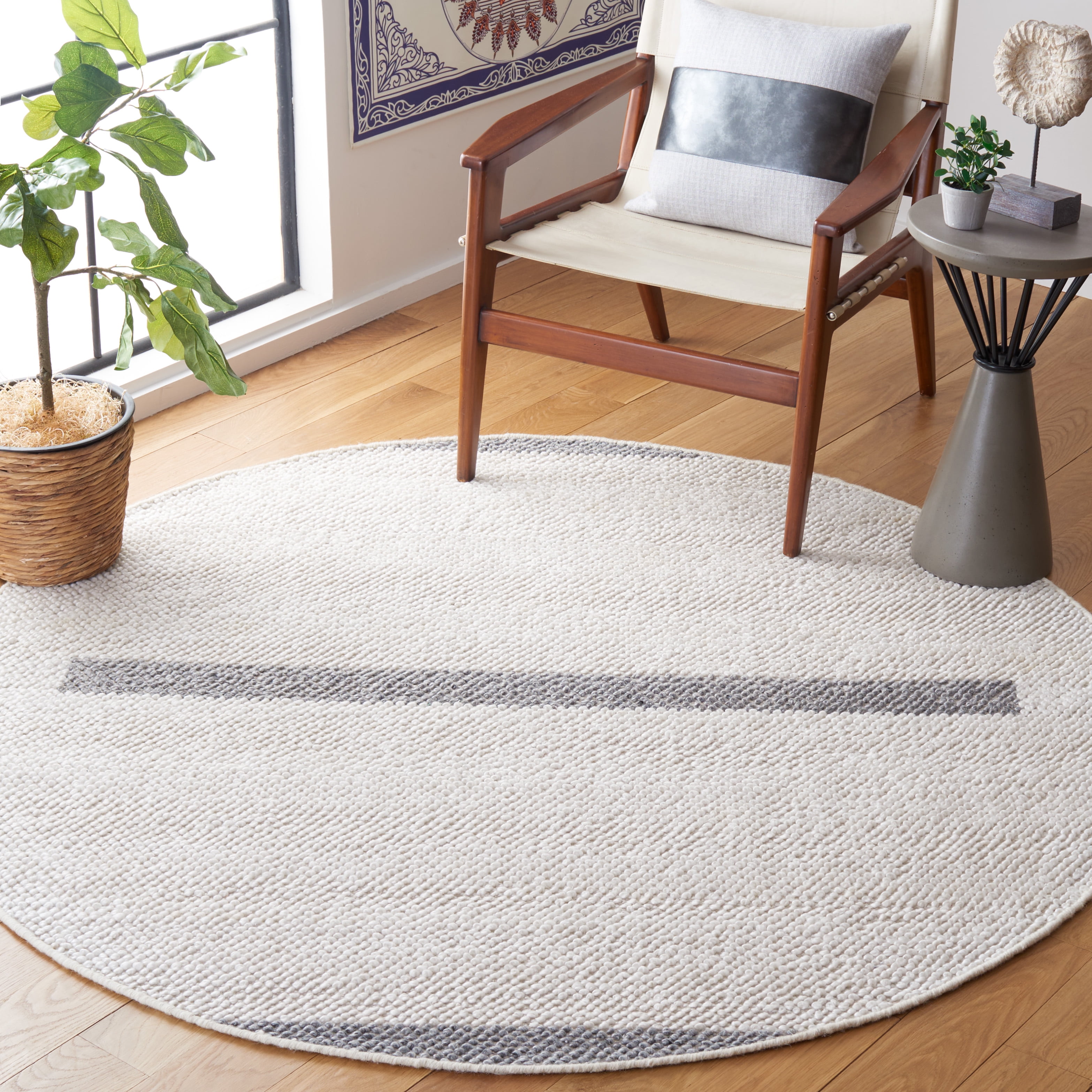 SAFAVIEH Natura Marina Striped Wool Area Rug, Ivory/Grey, 6' x 6' Round