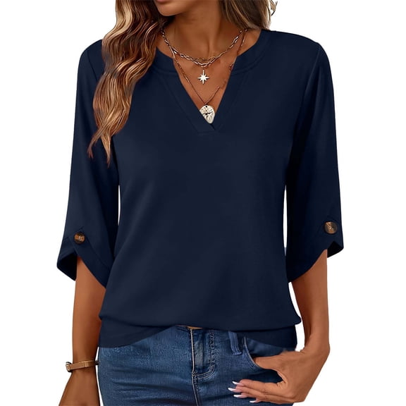 Kukoosong Women's Loose Fit Button Down Shirts Solid Color 3/4 Sleeve V-Neck Blouse for Summer Resort Wear Tops, Casual and Breathable Shirts for Women
